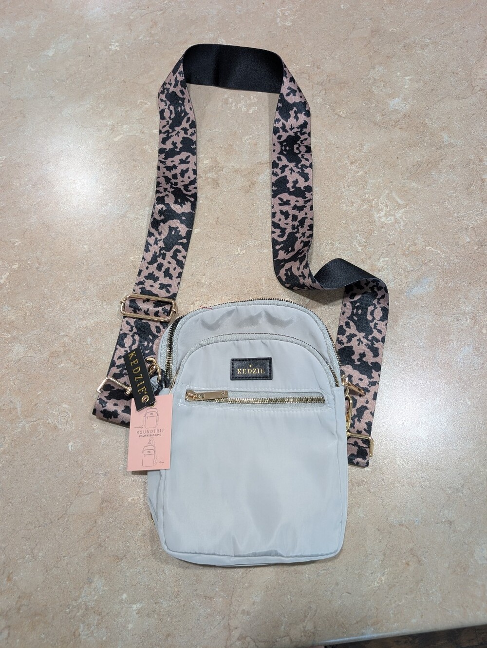 NWT KEDZIE Light Gray "Roundtrip Convertible Sling" W/ Brown/Black Leopard Strap